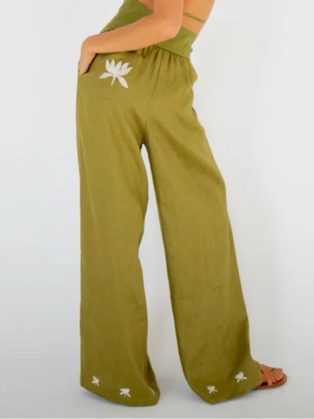 Olive Green Wide-Leg Linen Pants with White Floral Accents